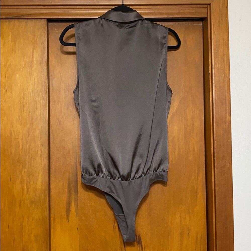 Pleione Satin Sleeveless Bodysuit in Taupe Open Front Deep V Sexy Vixen Classy - Picture 3 of 4